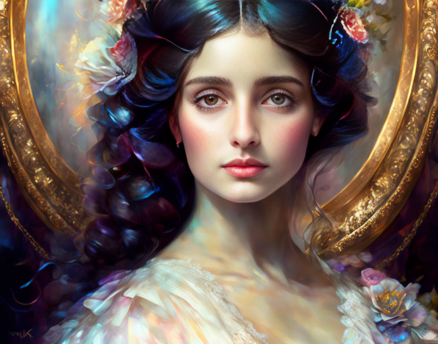 Ethereal portrait of young woman with expressive eyes and floral hair accents