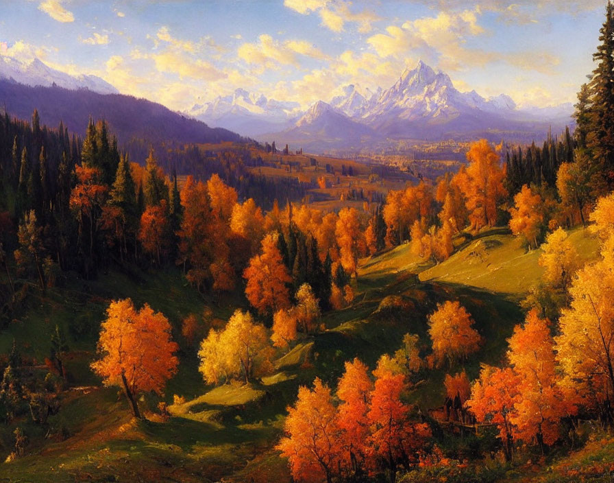 Vibrant autumn landscape with golden trees and snow-capped mountains