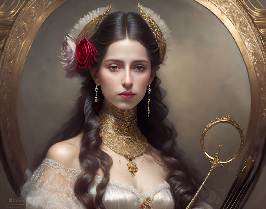 Portrait of woman in white dress with gold jewelry and hand mirror