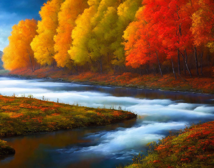 Colorful Autumn Forest Scene with Meandering River