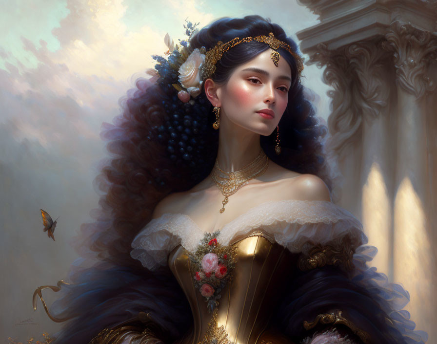 Historical attire woman with golden corset and flowers in hair beside sunlit column.