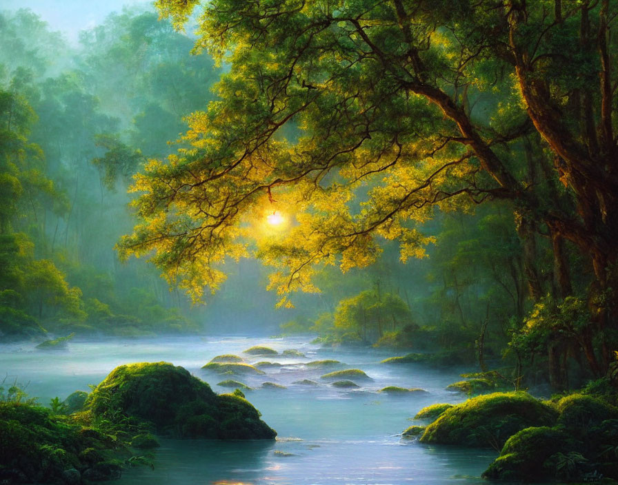 Tranquil river in lush forest with sunlight and green foliage