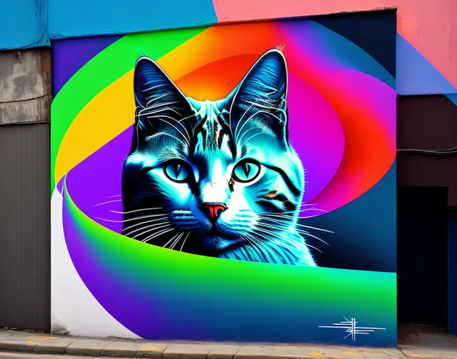 Colorful Hyper-Realistic Cat Mural with Rainbow Background