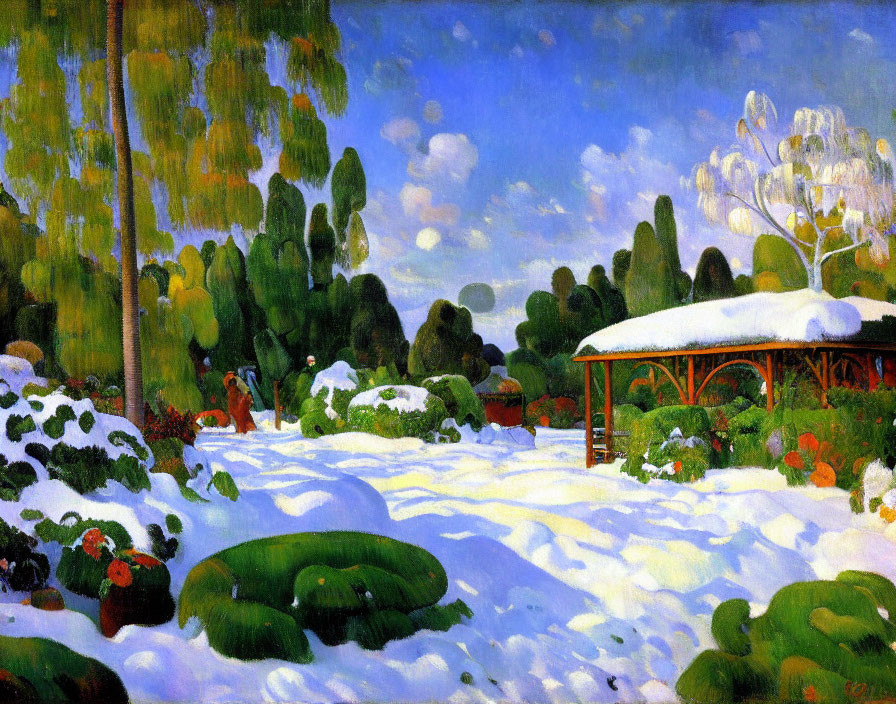 Snow-covered garden painting with gazebo and green trees on blue sky.