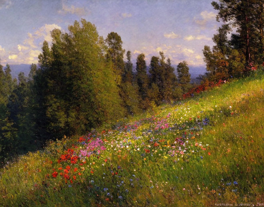 Vibrant wildflowers on green hillside under blue sky