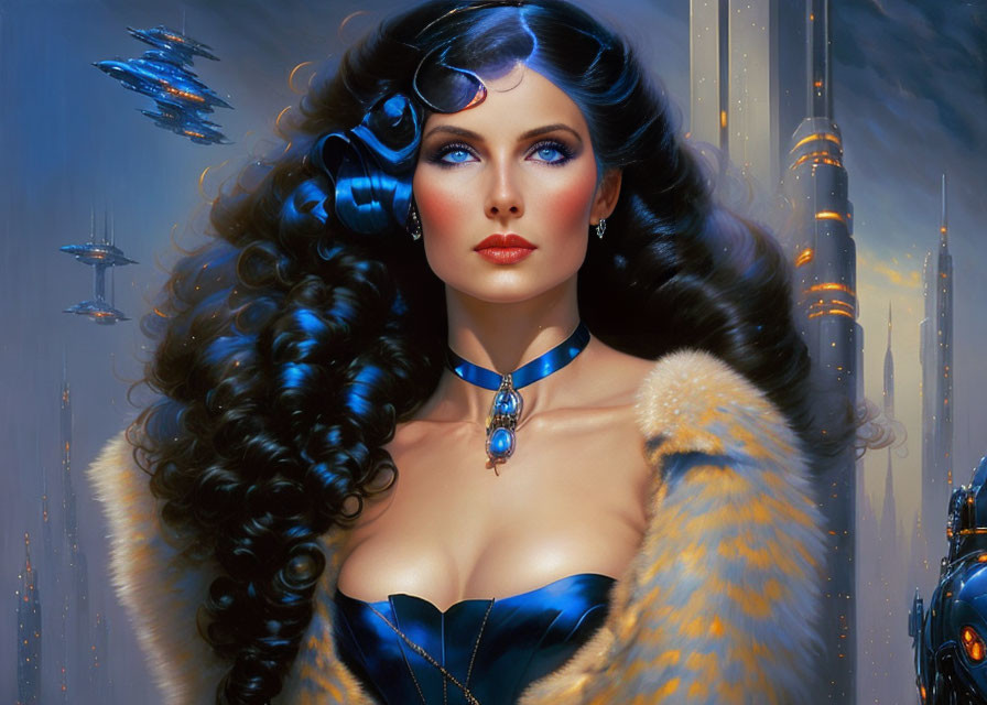 Curly-haired woman in futuristic attire in sci-fi cityscape.