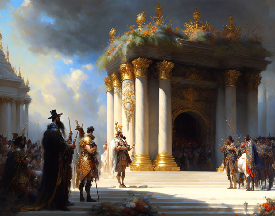 Opulent fantasy scene with golden structures, regal figures, and soldiers.