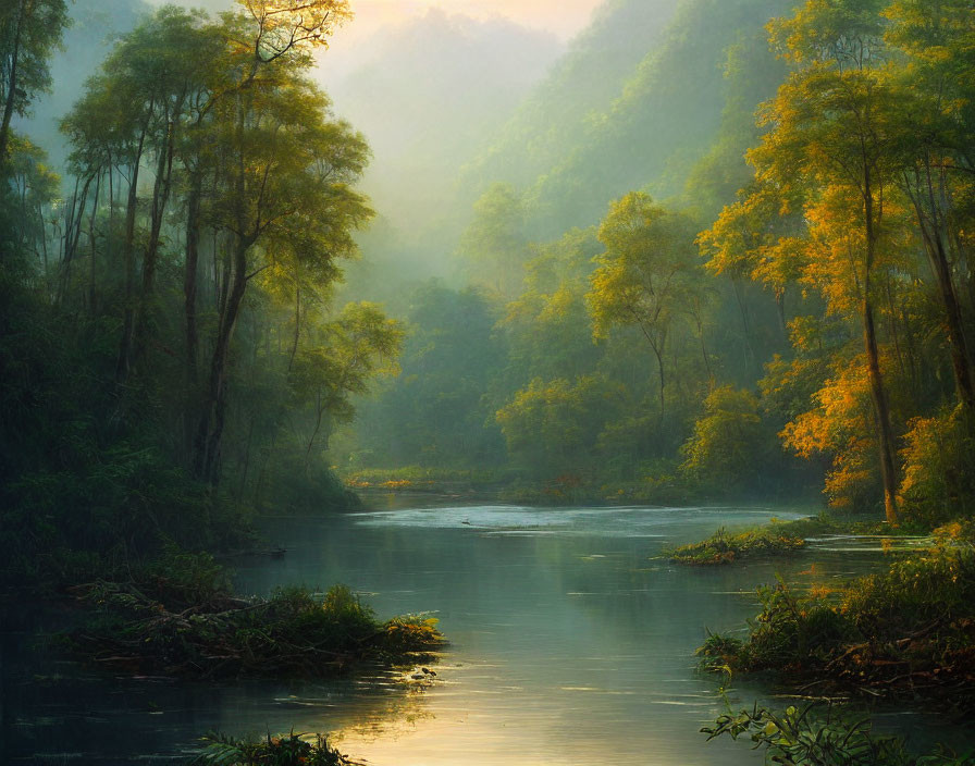 Tranquil river in misty forest with autumn leaves and tall trees