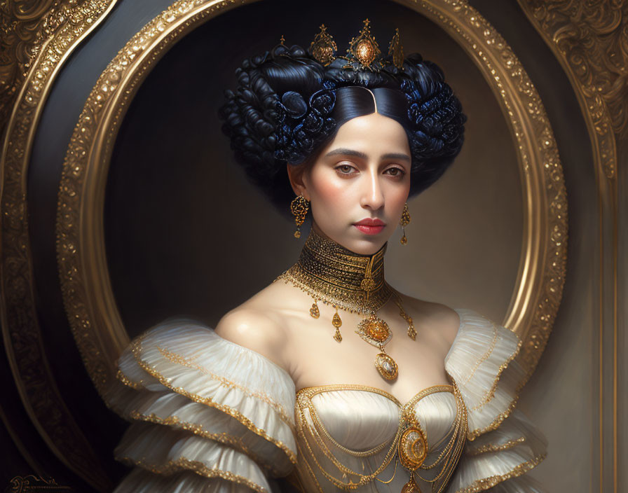 Regal woman portrait with ornate updo and golden jewelry