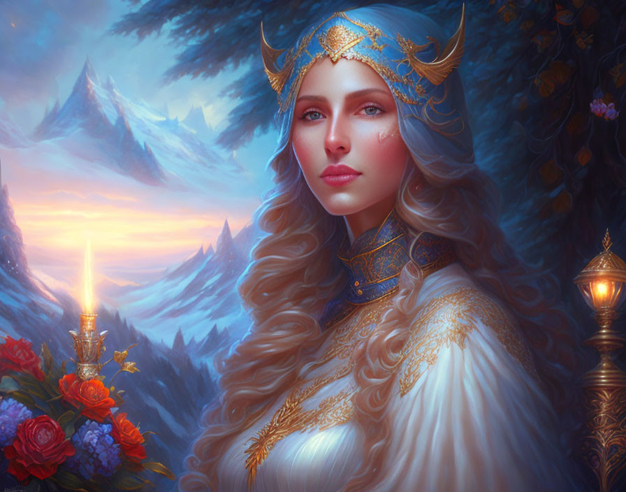 Fantasy illustration: Woman with regal crown in snowy mountain sunset