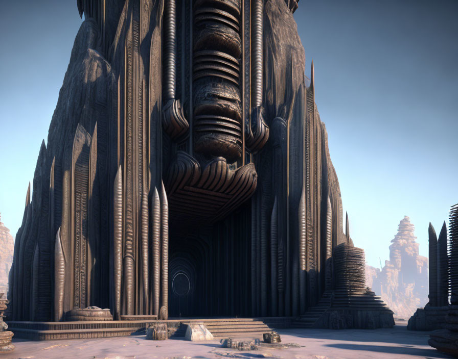 Intricate design and colossal pillars under clear sky in alien-like landscape