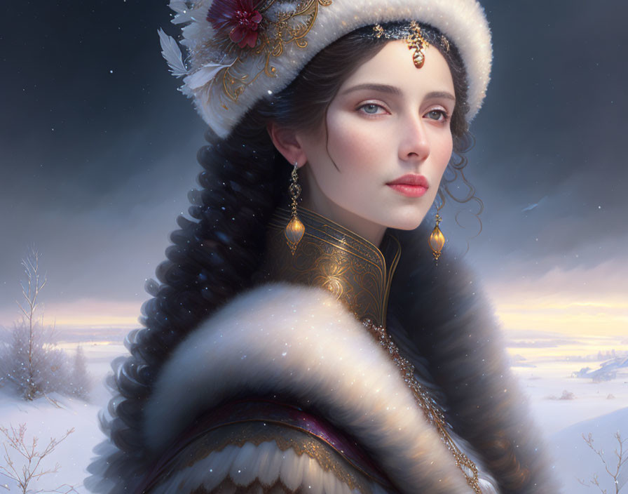 Woman in ornate attire with fur-lined cloak in snowy dusk.