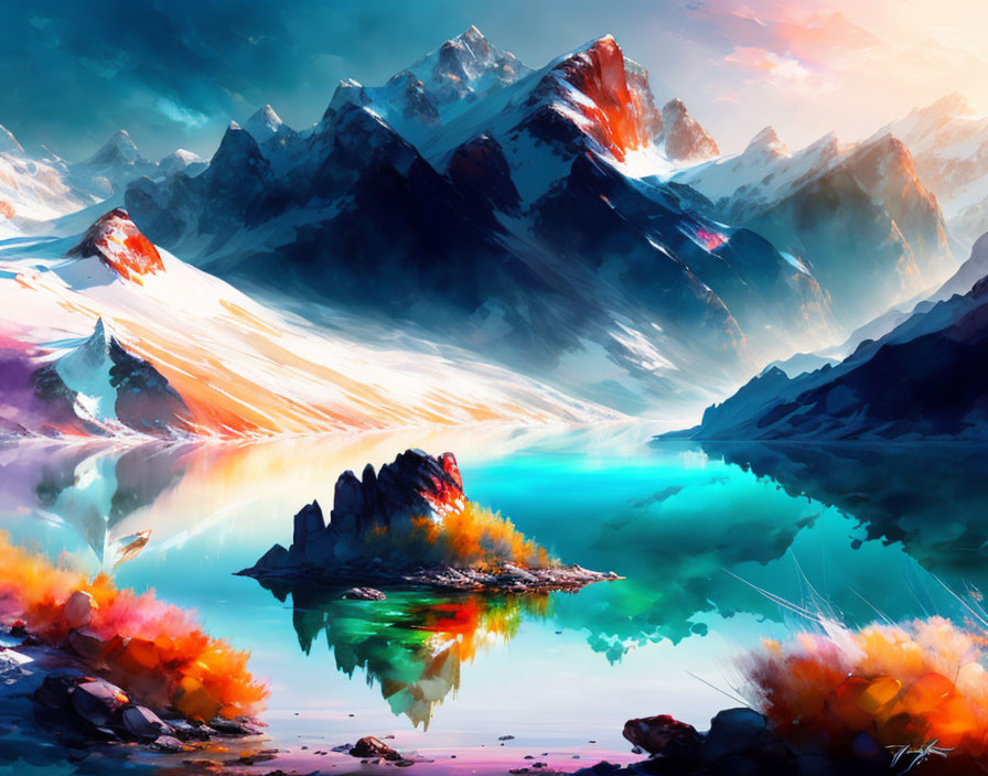 Surreal mountain landscape with lake and snowy peaks