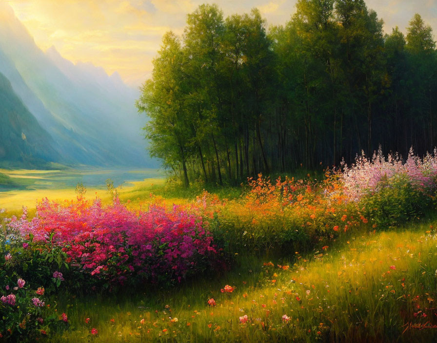 Serene landscape with meadows, wildflowers, forest, and mountains at sunrise or sunset