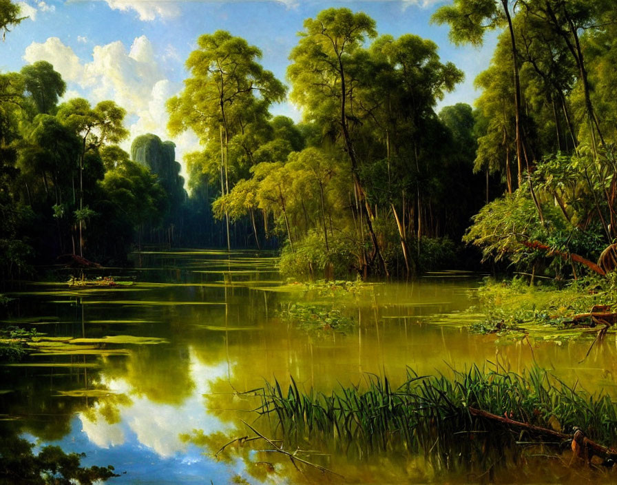 Tranquil forest scene: dense trees, calm pond, lush greenery, fallen logs, serene