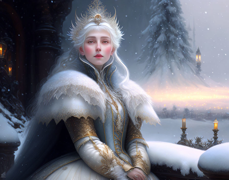 Pale-skinned woman in white & gold winter gown against snowy dusk landscape