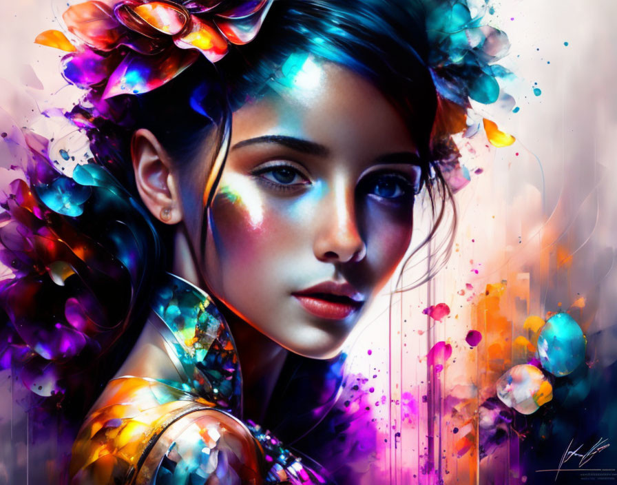 Vibrant digital art portrait of a woman with colorful flowers and abstract elements