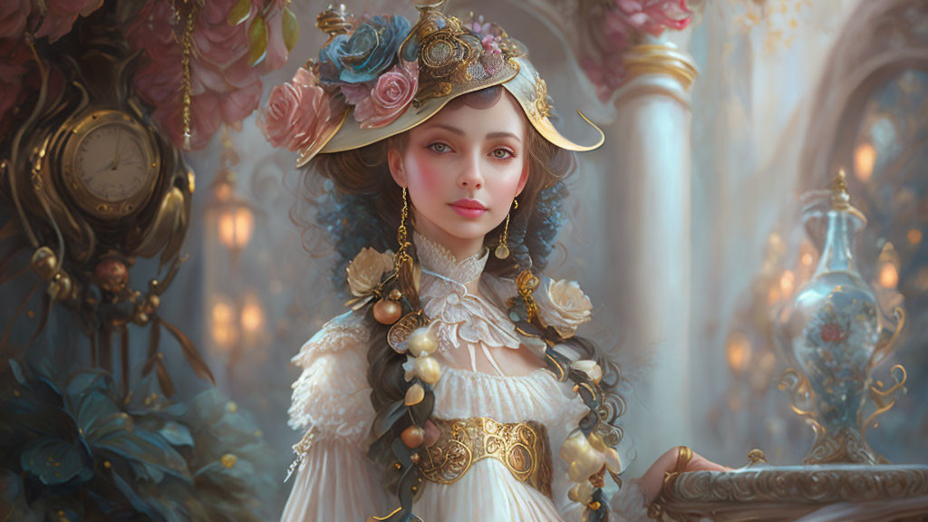 Victorian-themed elegant woman in white and gold gown with hat among luxurious decor.