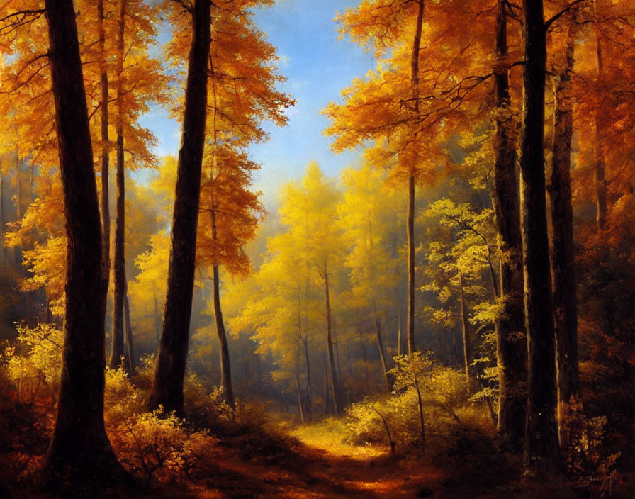 Tranquil Autumn Forest with Sunbeams and Golden Foliage