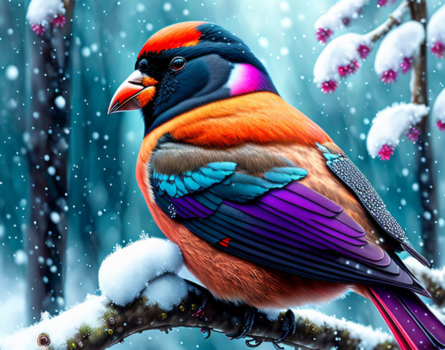 Colorful bird with orange, blue, and purple feathers on snowy branch amid falling snowflakes