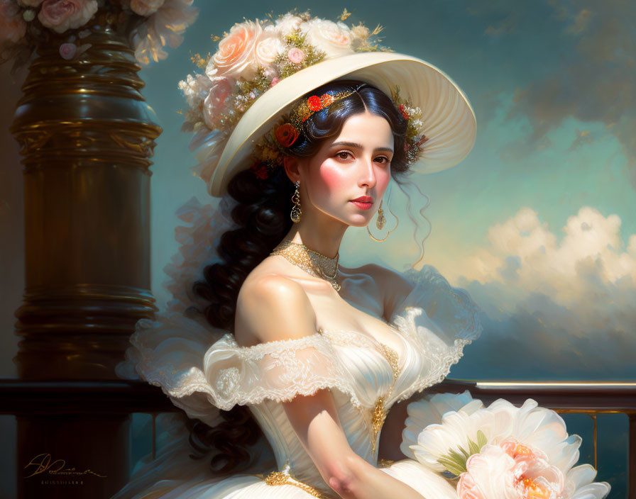 Vintage white dress and flower-adorned wide-brimmed hat on elegant woman in serene setting