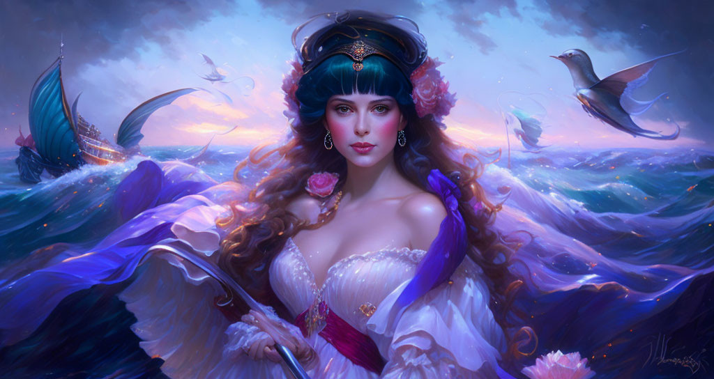 Fantasy portrait of woman with blue hair in regal attire by vibrant seascape.