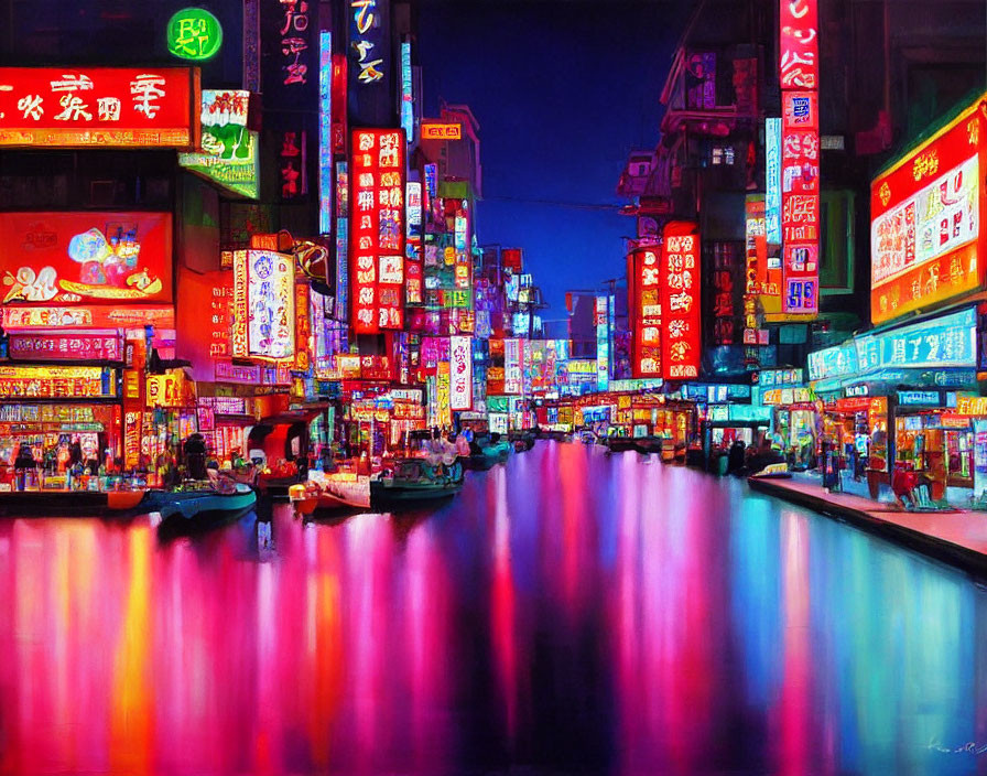 Colorful Neon-Lit Urban Street Scene with Water Reflections