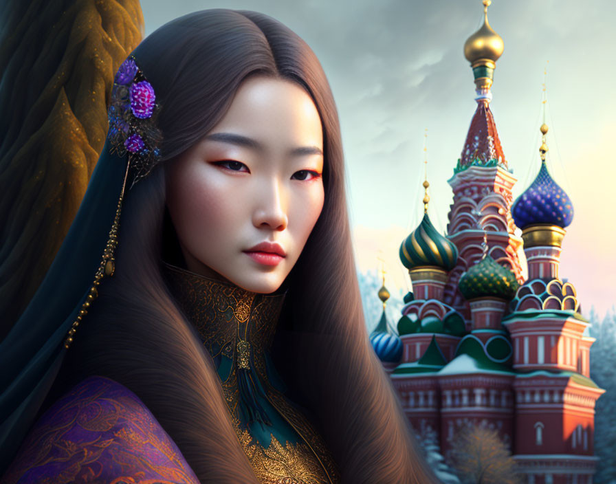 Digital artwork: Woman in Asian attire with St. Basil's Cathedral at sunset