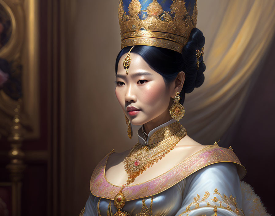 Regal woman in elegant attire with golden crown and traditional jewelry.