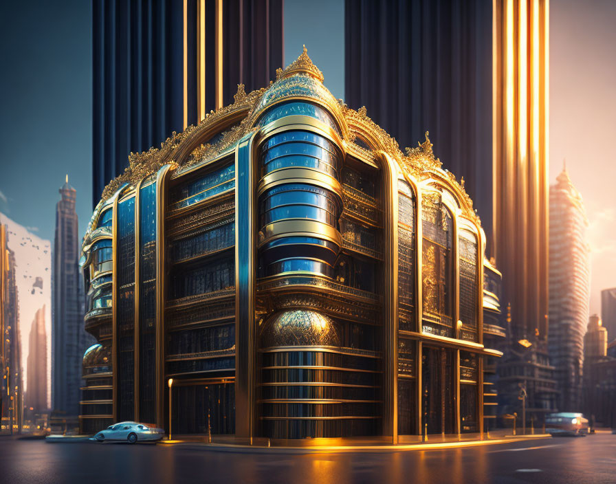 Golden futuristic building among sleek high-rises at dusk