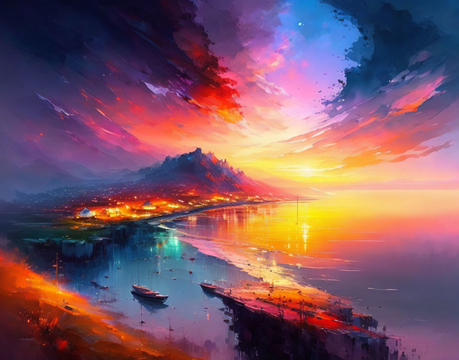 Digital artwork: Coastal landscape at dusk with vivid skies, lit buildings, and boats