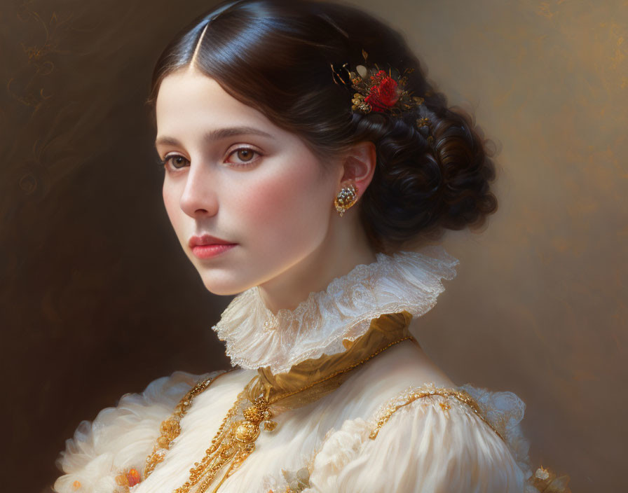 Portrait of Woman with Dark Hair and White Lace Collar in Gold Jewelry