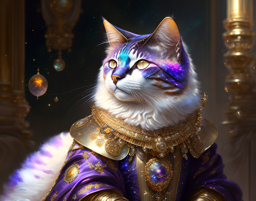 Galaxy-themed majestic cat in golden armor with purple cape amid celestial orbs