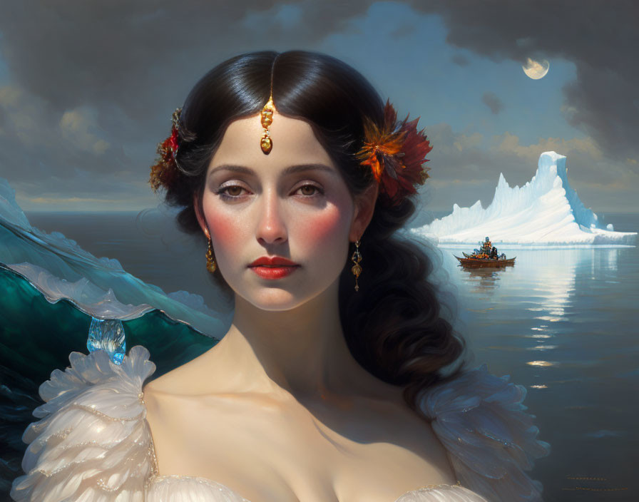 Dark-haired woman in white dress with jewelry by ocean, iceberg, boat, crescent moon