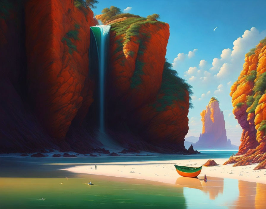 Tranquil beach scene with green boat, red cliffs, trees, waterfall, and crescent moon