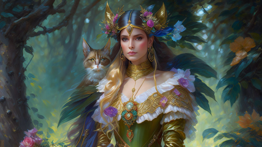 Regal woman with gold headpiece and cat in lush forest setting