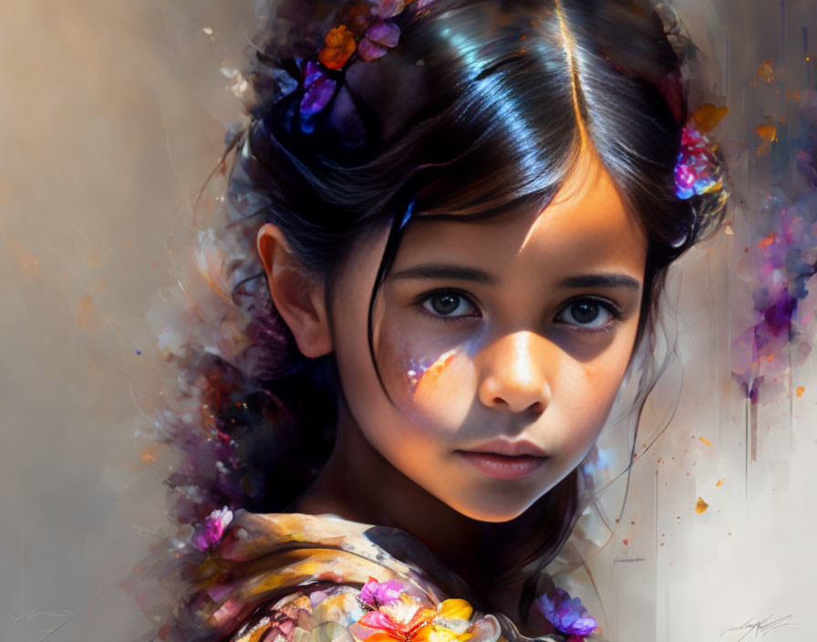 Digital Painting: Young Girl with Flowered Hair & Dreamy Expression