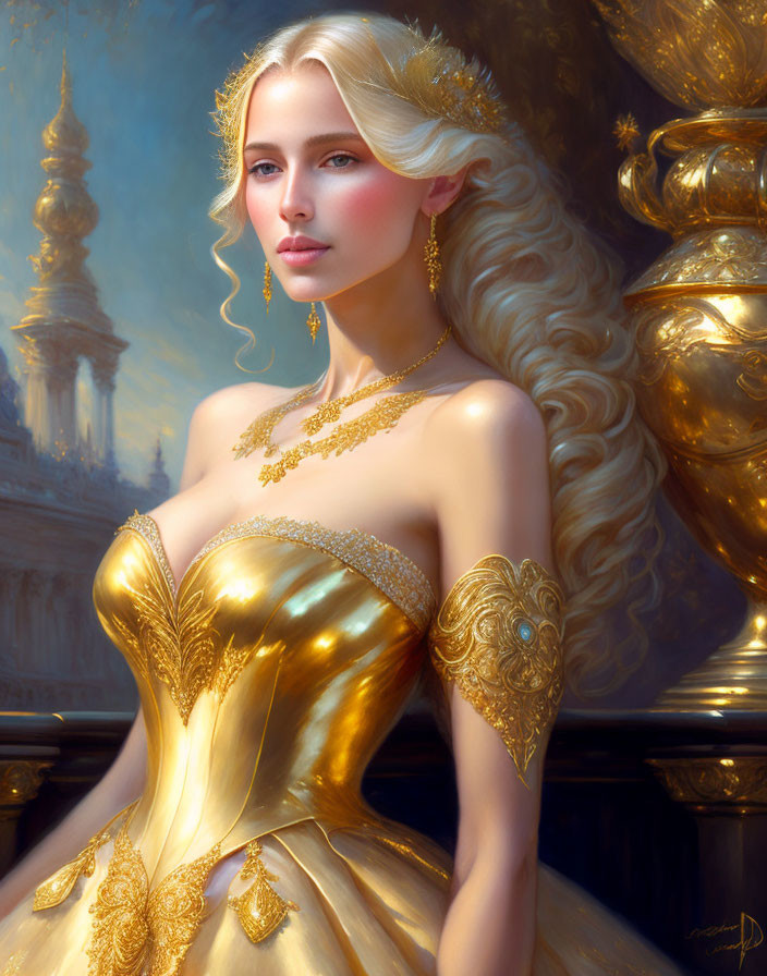 Blonde woman in golden gown and jewelry in regal setting