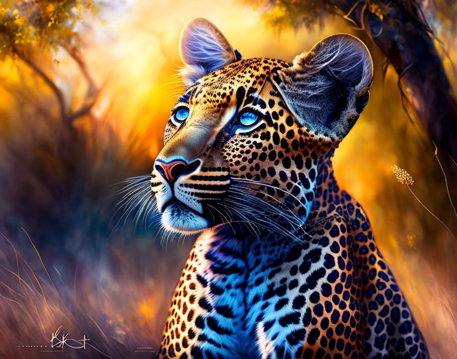 Leopard illustration in golden savanna with intense eyes