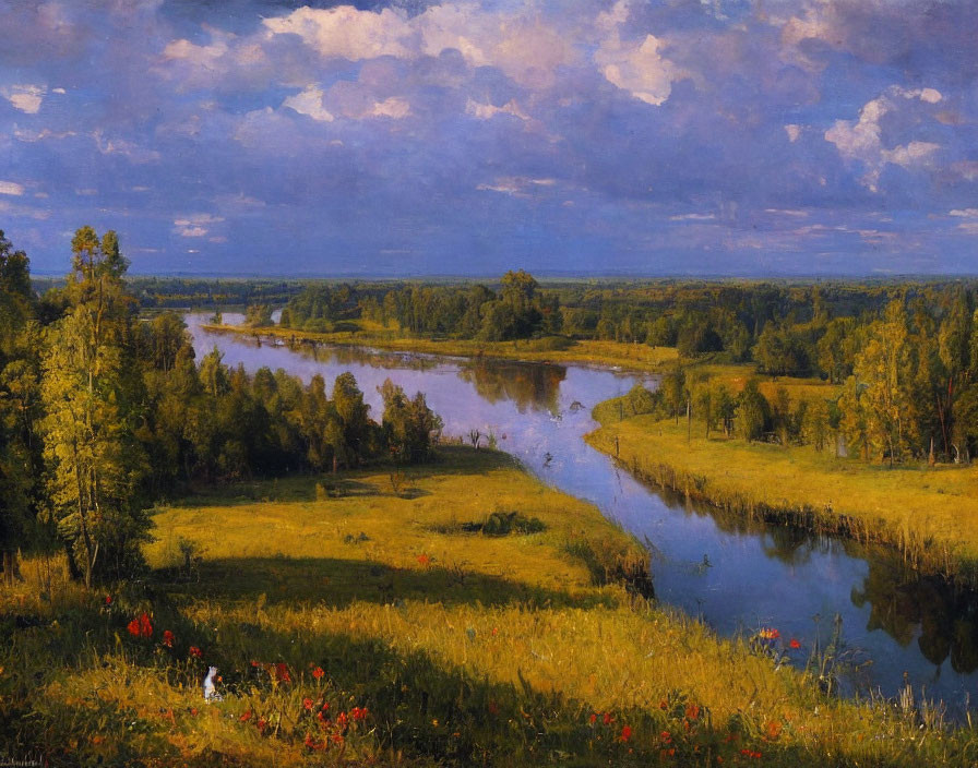 Tranquil landscape: river, lush fields, scattered trees, blue sky