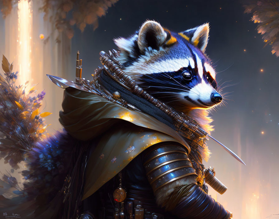 Anthropomorphic raccoon warrior in ornate armor in mystical forest