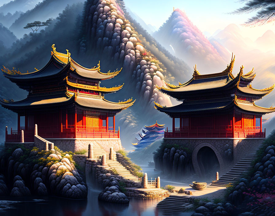 Tranquil Asian architecture, stone bridges, misty mountains scene