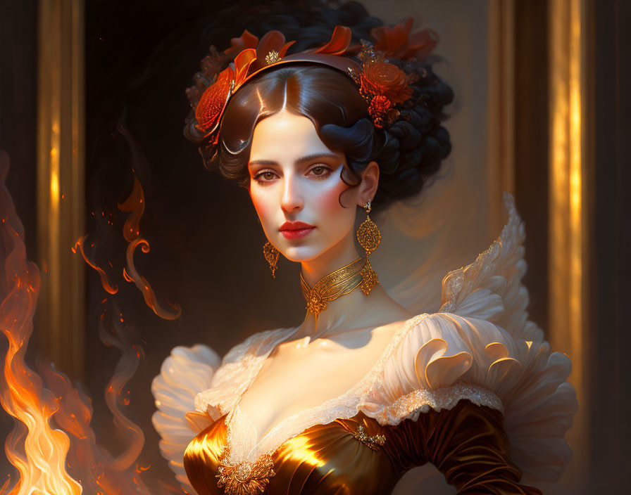 Regal woman with dark hair in golden dress beside flame