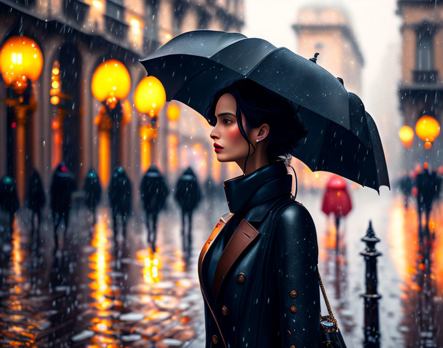 Woman with umbrella in rainy city street with glowing lanterns