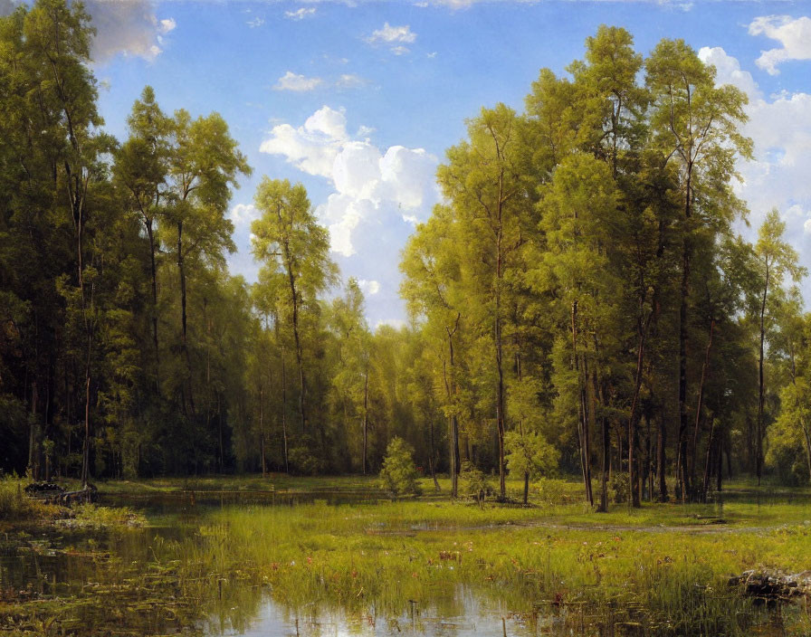 Tranquil forest scene: tall trees, calm pond, clear sky