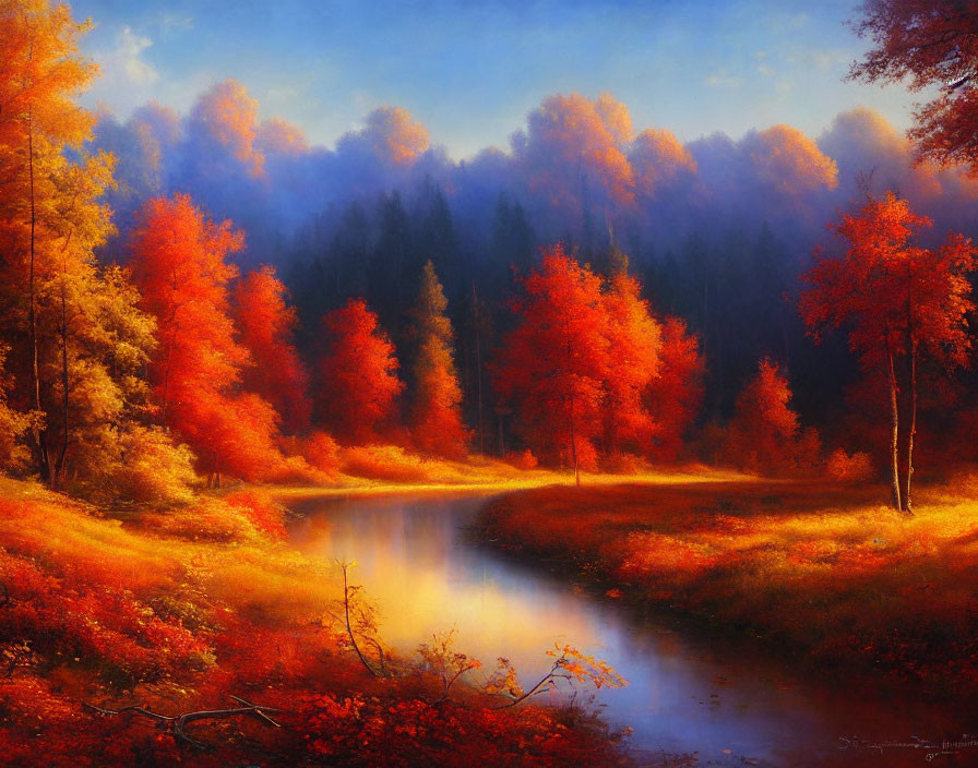 Vibrant red and orange autumn trees reflected in tranquil river