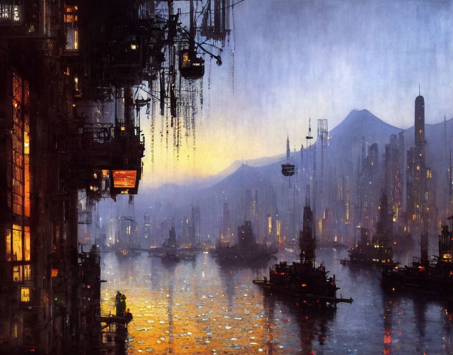 Futuristic cityscape at dusk: neon lights, water reflections, boats, high-rise silhou