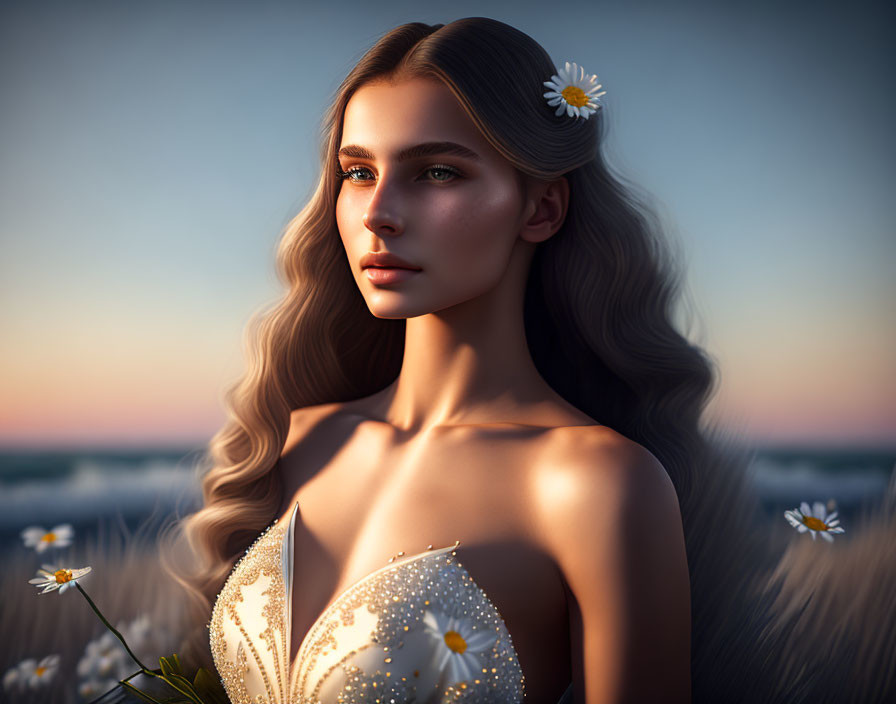 Illustration of woman with wavy hair, daisies, beaded dress in sunset field