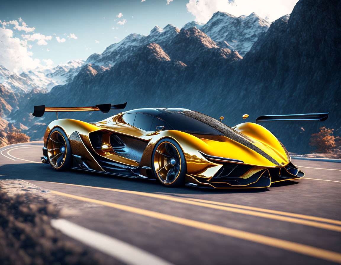 Sleek modern sports car with gold and black paint on mountain road