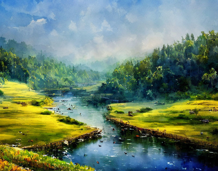 Tranquil river landscape with boats and lush greenery